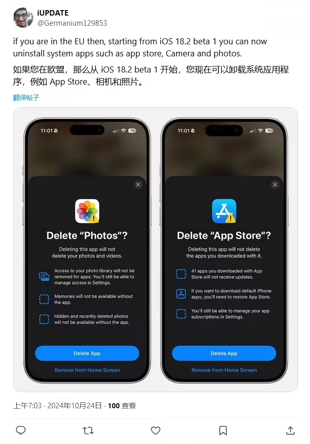 邵阳苹果手机维修分享iOS 18.2 支持删除 App Store 应用商店 